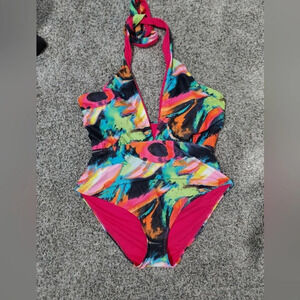 NWOT New York & Company Multicolored One Piece Tie Halter Swimsuit in Size XL